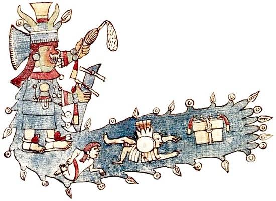 Chalchiuhtlicue, met haar rok die een rivier moet voorstellen. De rivier staat symbool voor de belangrijke rol van water in de landbouw en het welzijn van de Azteken.
