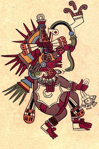 Quetzalcoatl, afgebeeld als een man met een verentooi en een slang.
